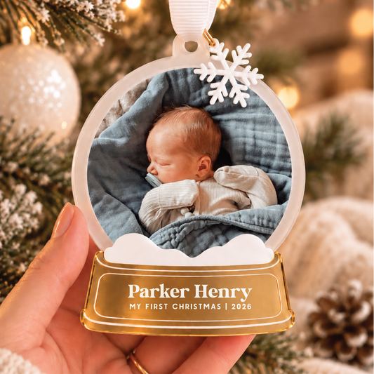Gold Custom Snow Globe Baby's First Christmas Ornament