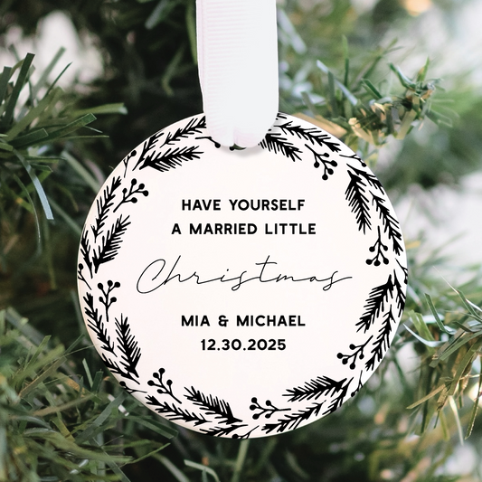 Our First Christmas Married B&W Christmas Ornament