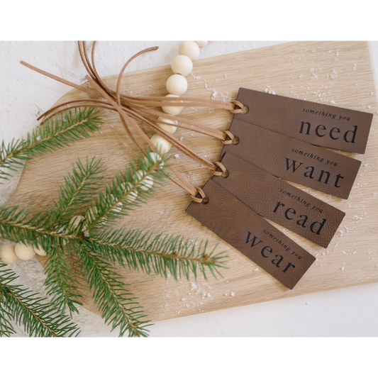 Leatherette Mindful Gifting Tags Set of 4, Reusable Gift Tags, Vegan Leather Gift Tag, Sustainable Gift Wrap, Want, Need, Read, Wear