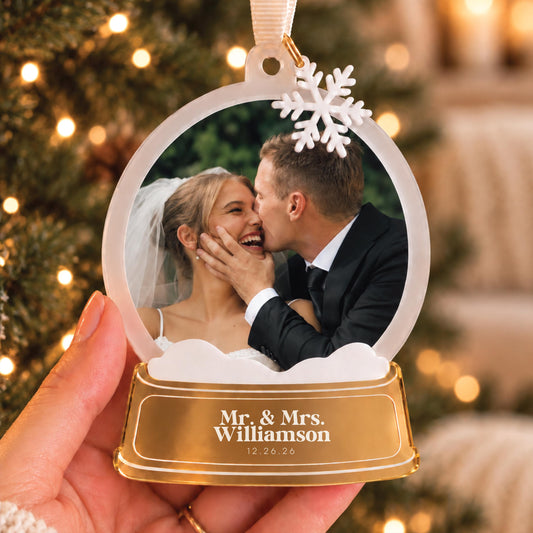 Gold Personalized Snow Globe First Christmas Married Ornament