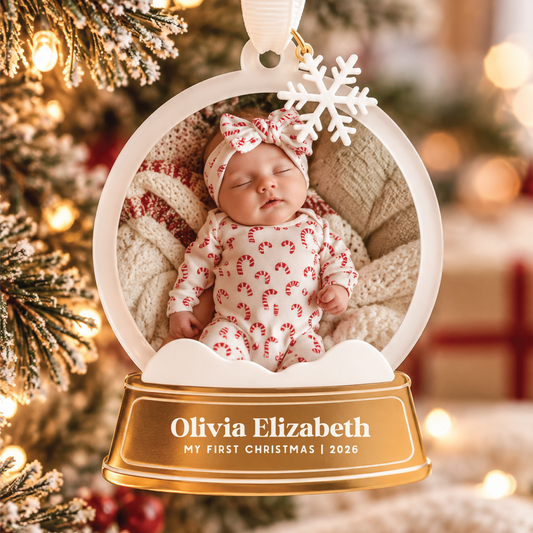 Gold Custom Snow Globe Baby's First Christmas Ornament