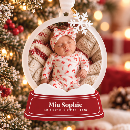 Red Custom Snow Globe Baby's First Christmas Ornament