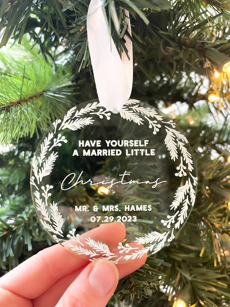 Our First Christmas Married 2023 Ornament | Custom Newlywed Christmas Ornament | Mr and Mrs | Wedding Christmas Gift | Clear Glass Ornament