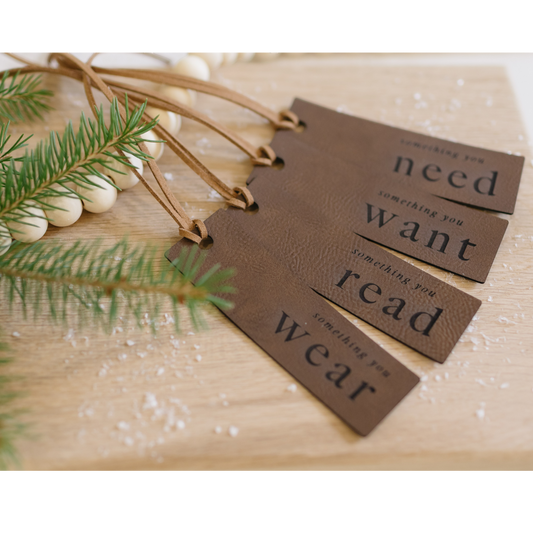 Leatherette Mindful Gifting Tags Set of 4, Reusable Gift Tags, Vegan Leather Gift Tag, Sustainable Gift Wrap, Want, Need, Read, Wear