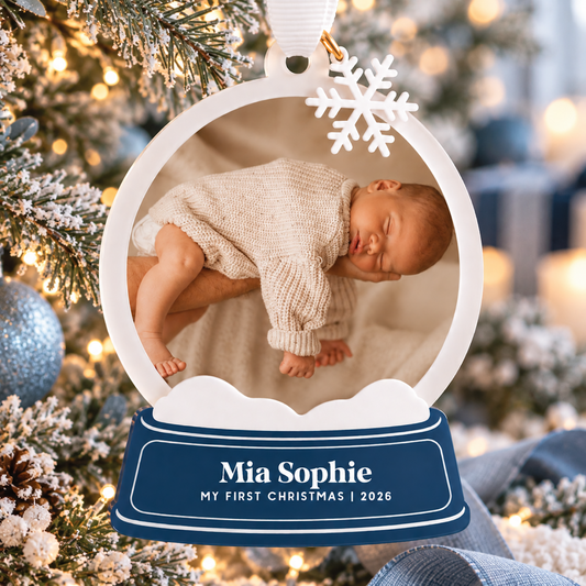 Navy Custom Snow Globe Baby's First Christmas Ornament