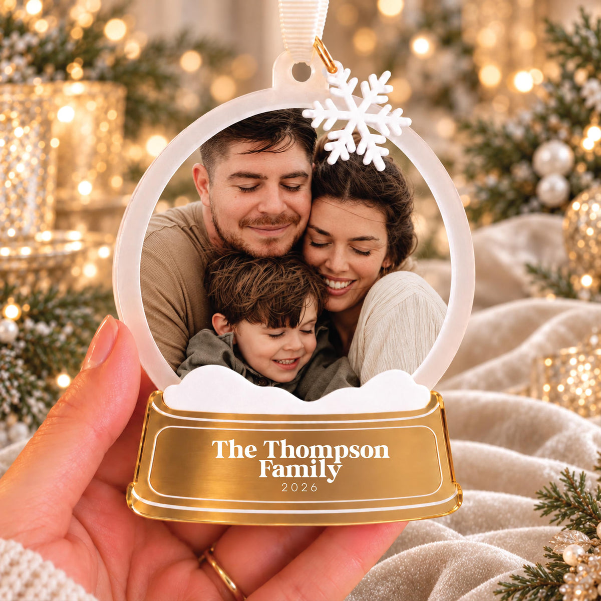Gold Custom Snow Globe Family Photo Ornament