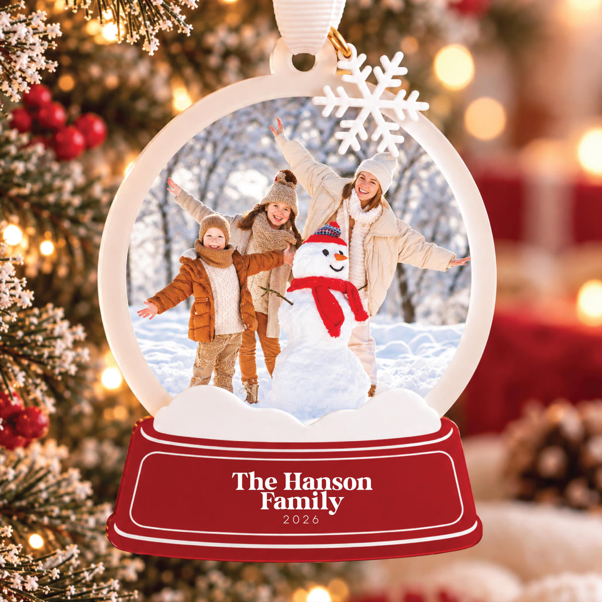 Red Custom Snow Globe Family Photo Ornament