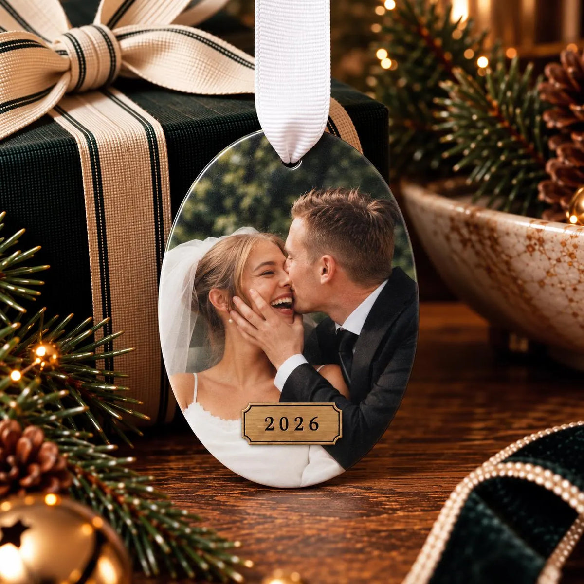 Custom First Christmas Married Photo Oval Ornament