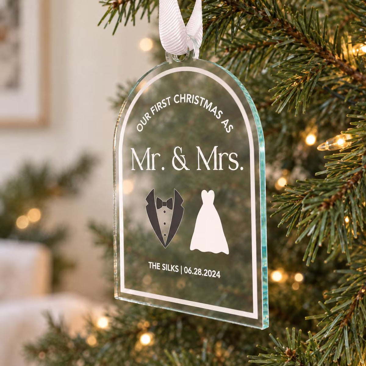 Glass-Like Our First Christmas Married Tux Dress Ornament