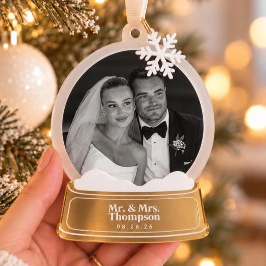 Gold Personalized Snow Globe First Christmas Married Ornament
