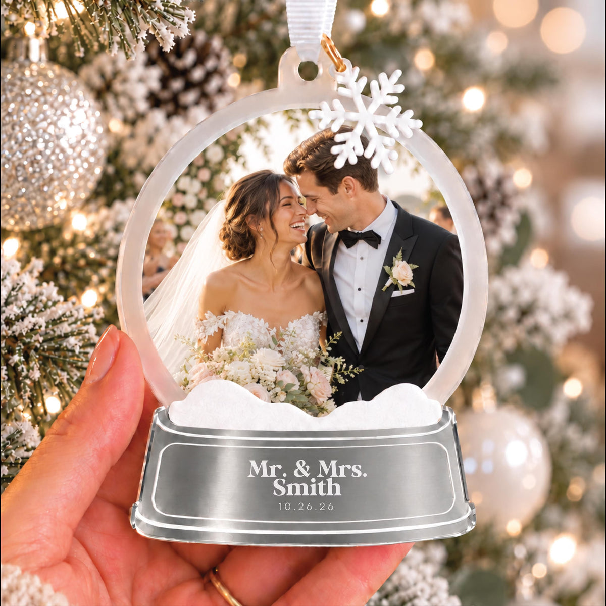 Silver Personalized Snow Globe First Christmas Married Ornament