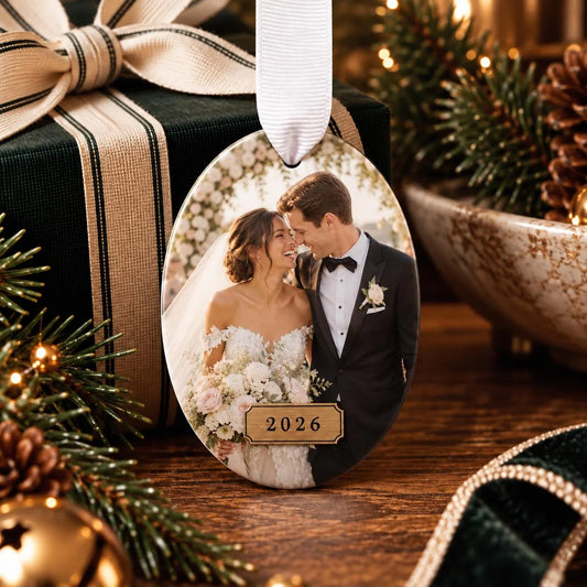 Custom First Christmas Married Photo Oval Ornament