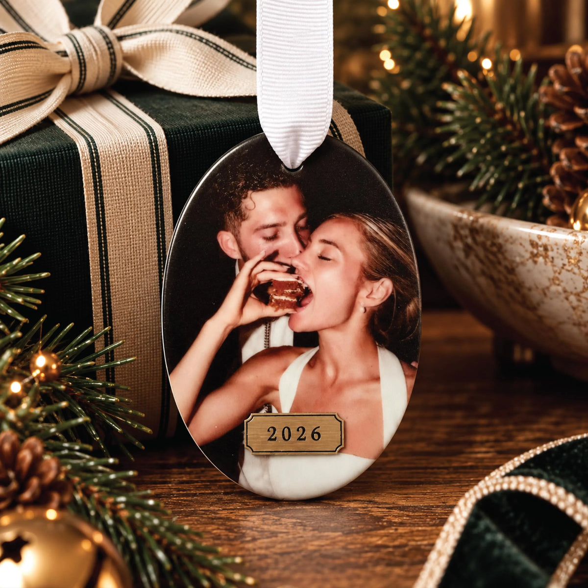 Custom First Christmas Married Photo Oval Ornament